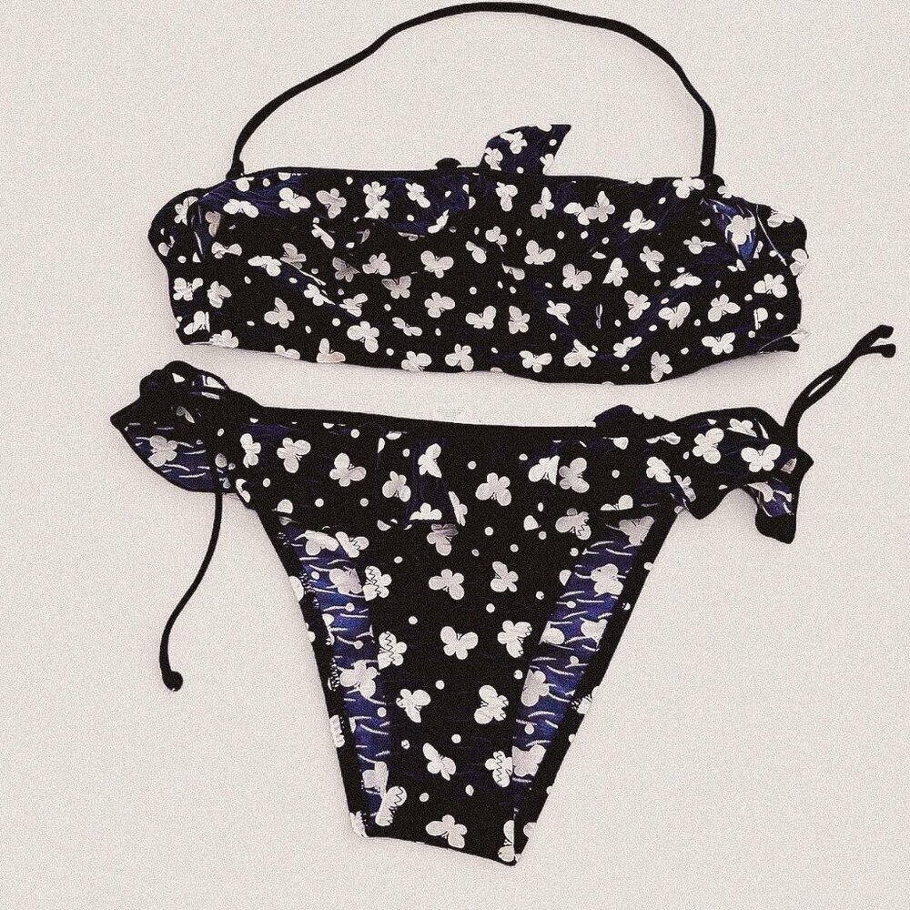Navy white girly Cottagecore dainty polka dot butterfly ruffle tie halter bikini